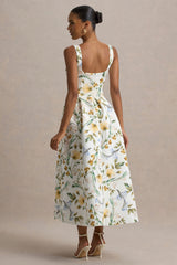 Rosemary | Floral Print Sweetheart Midi Dress With Drop Waist