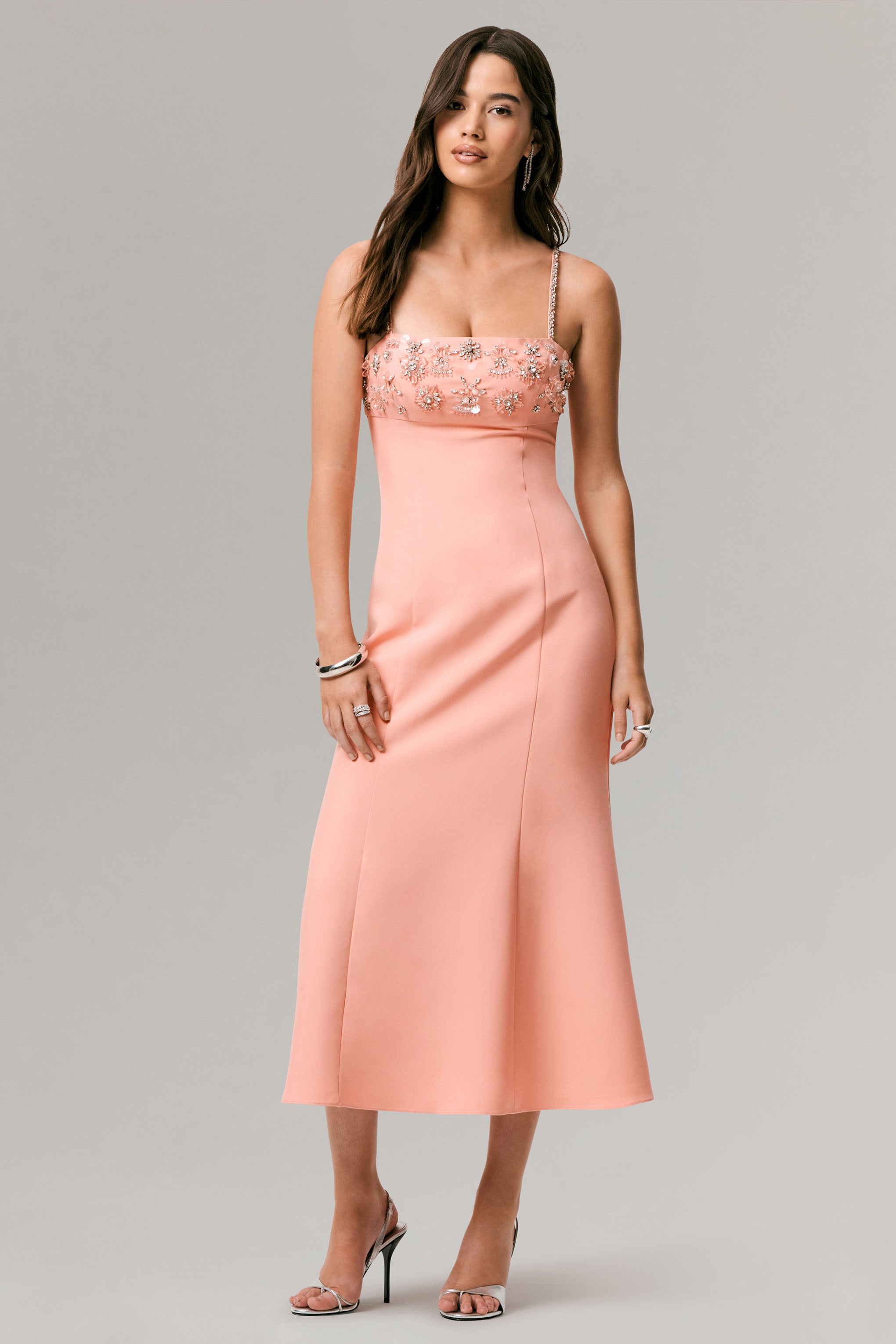 One To Remember | Coral Square-Neck Embellished Midi Dress