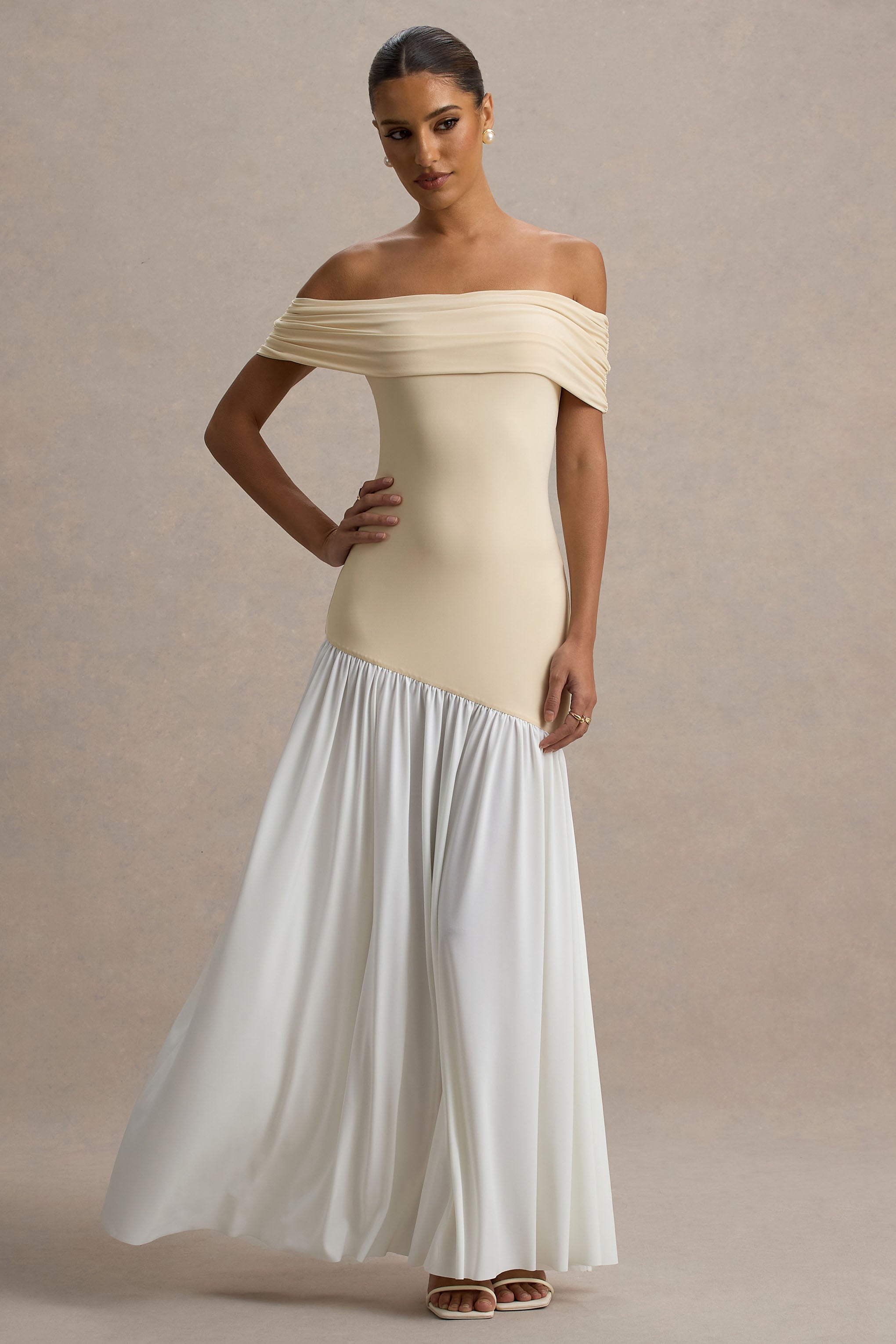 Venezia | Stone & White Bardot Puff-Skirt Maxi Dress