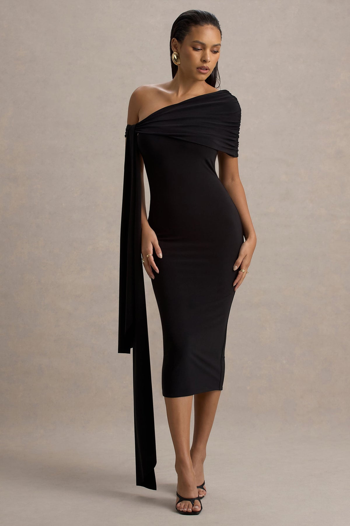 Vallea | Black One-Shoulder Draped Midi Dress