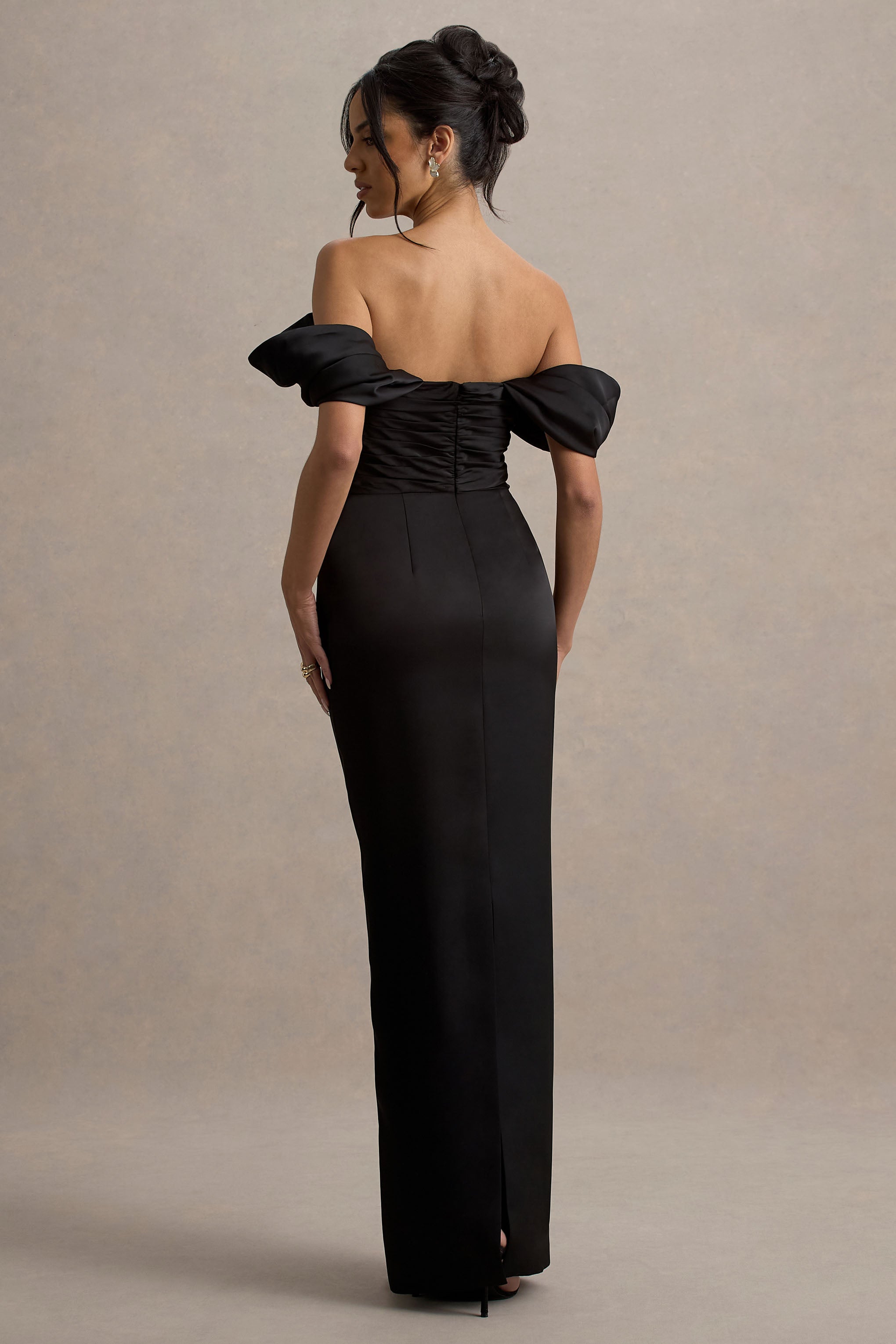 Annita | Black Satin Bardot Maxi Dress