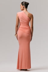 Mardi | Coral Asymmetric Maxi Dress With Ruching