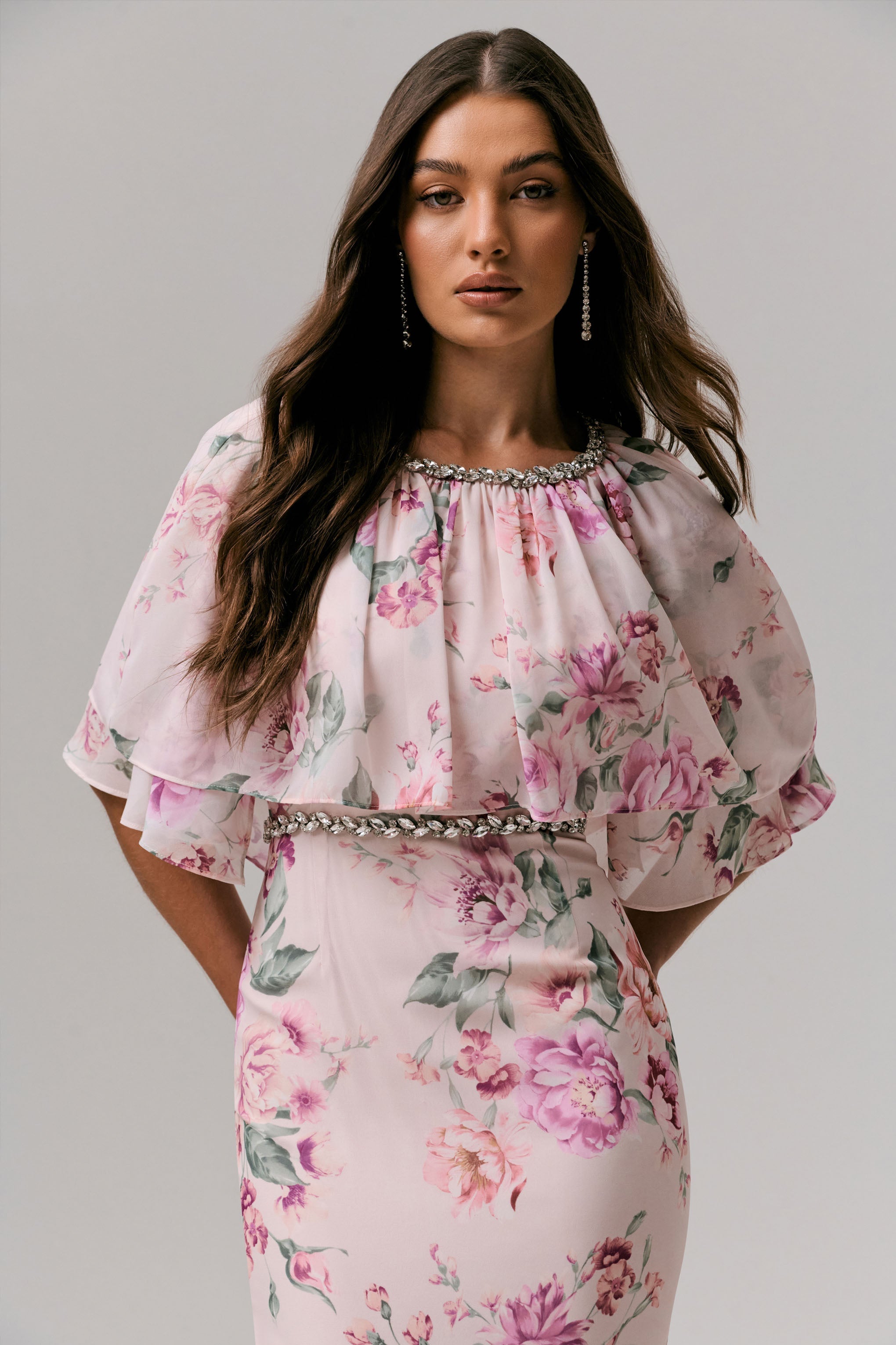 Never Let Go | Pink Floral Print Chiffon Maxi Dress With Tiered Hem