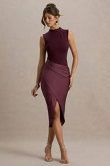 All Yours | Dark Cherry Satin High-Neck Wrap Midi Dress