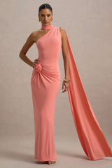 Rita | Coral Asymmetric Wrap Maxi Dress With Scarf