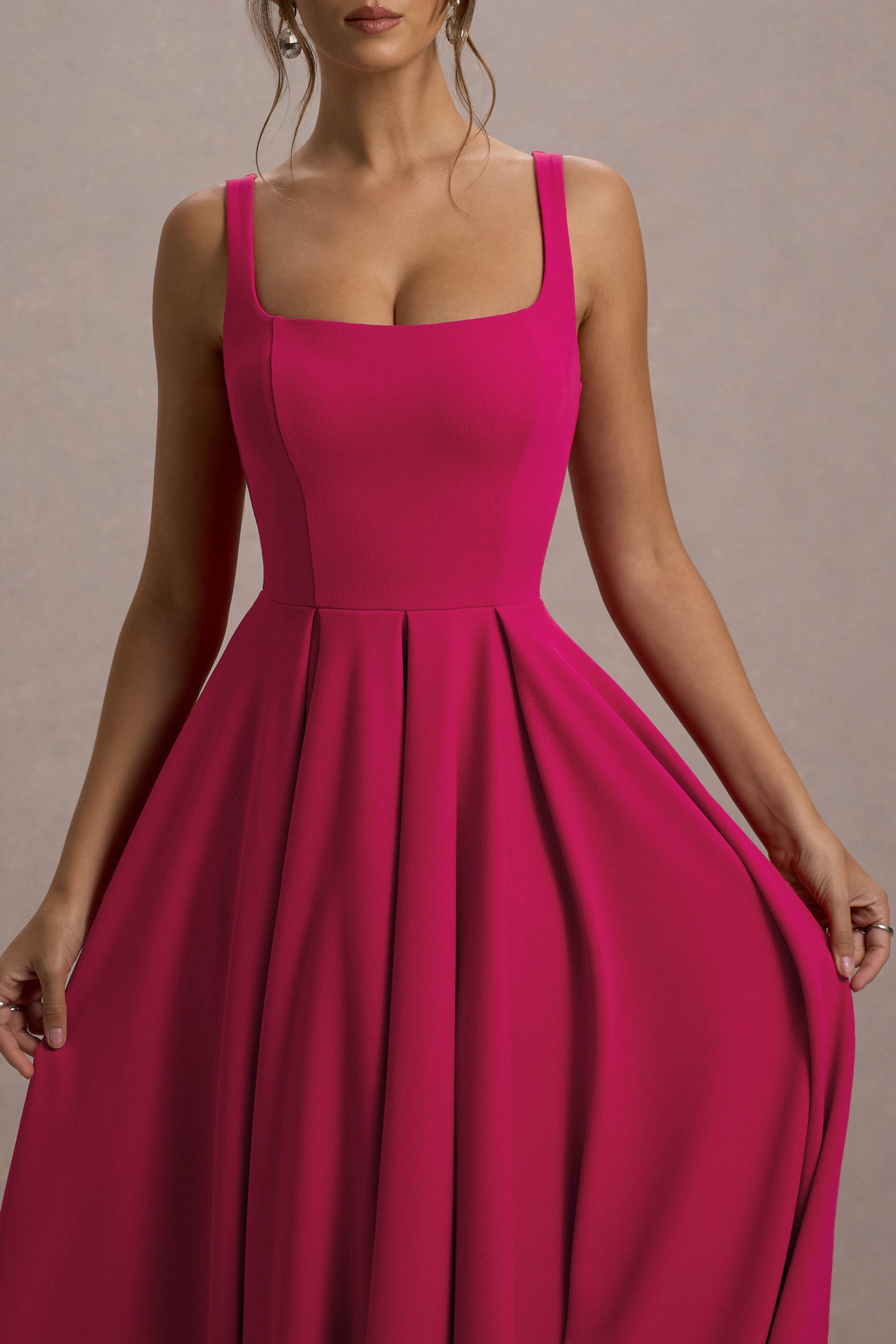 Parina | Hot Pink Strappy Volume-Hem Midi Dress