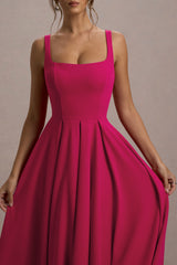 Parina | Hot Pink Strappy Volume-Hem Midi Dress