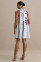 Evita | Powder Blue Rose Print High-Neck A-Line Mini Dress With Bow