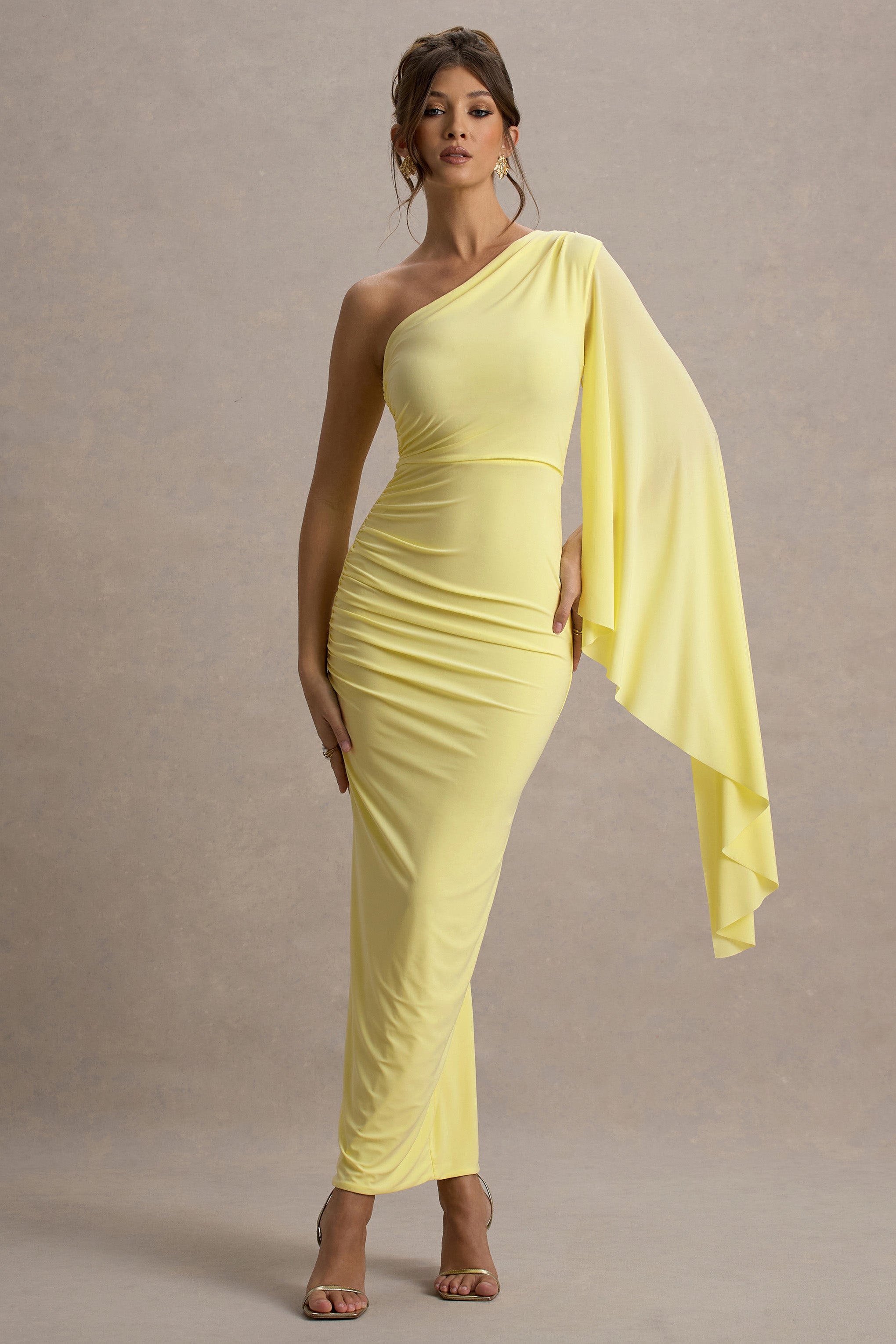 Clementina | Lemon Asymmetric Cape Sleeve Maxi Dress