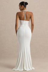 Lucena | White Cowl-Neck Maxi Dress With Corsage Detail And Front High Split