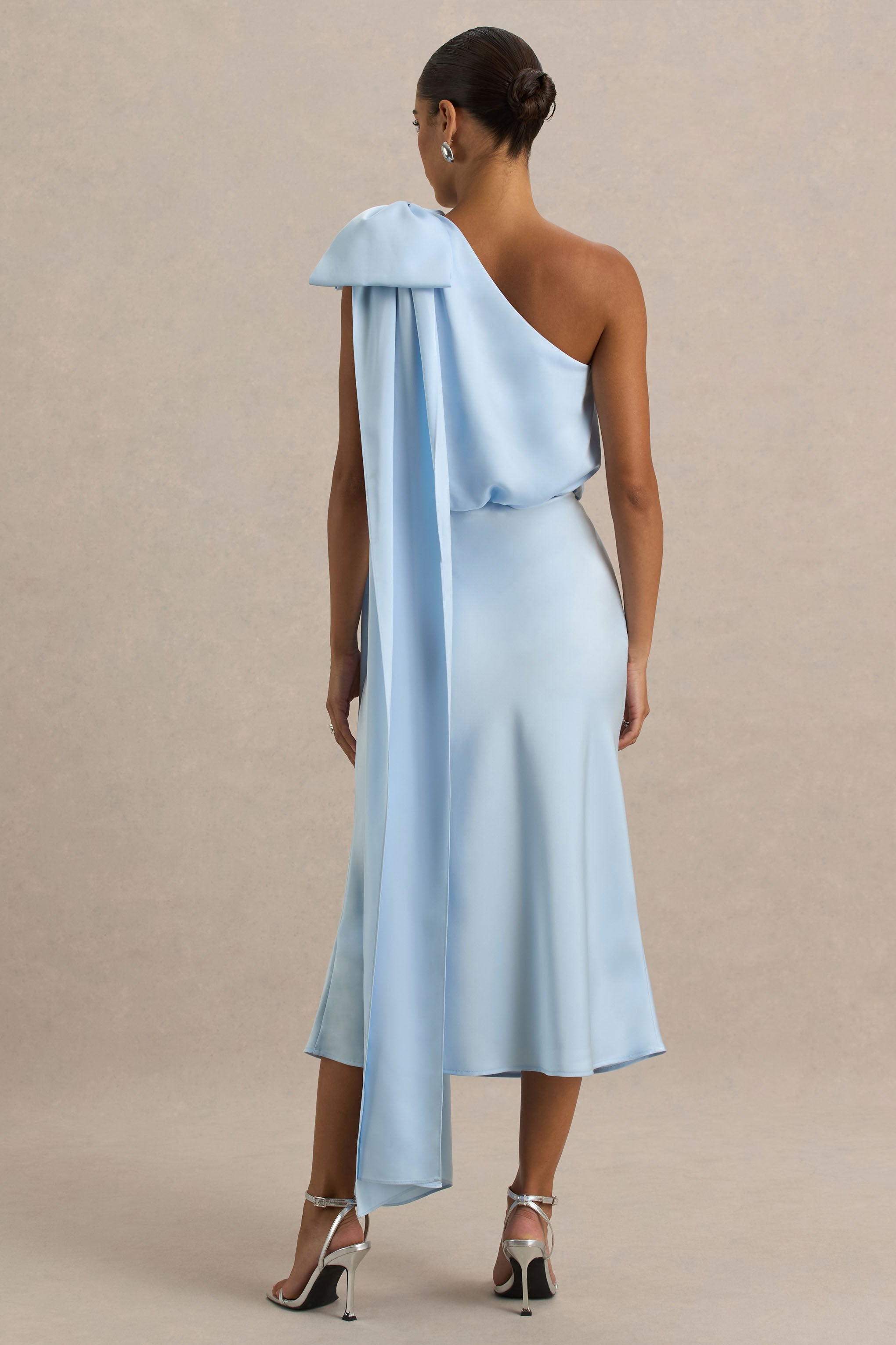 Celestia | Powder Blue Satin Asymmetric-Neck Midi Dress With Cape Detail