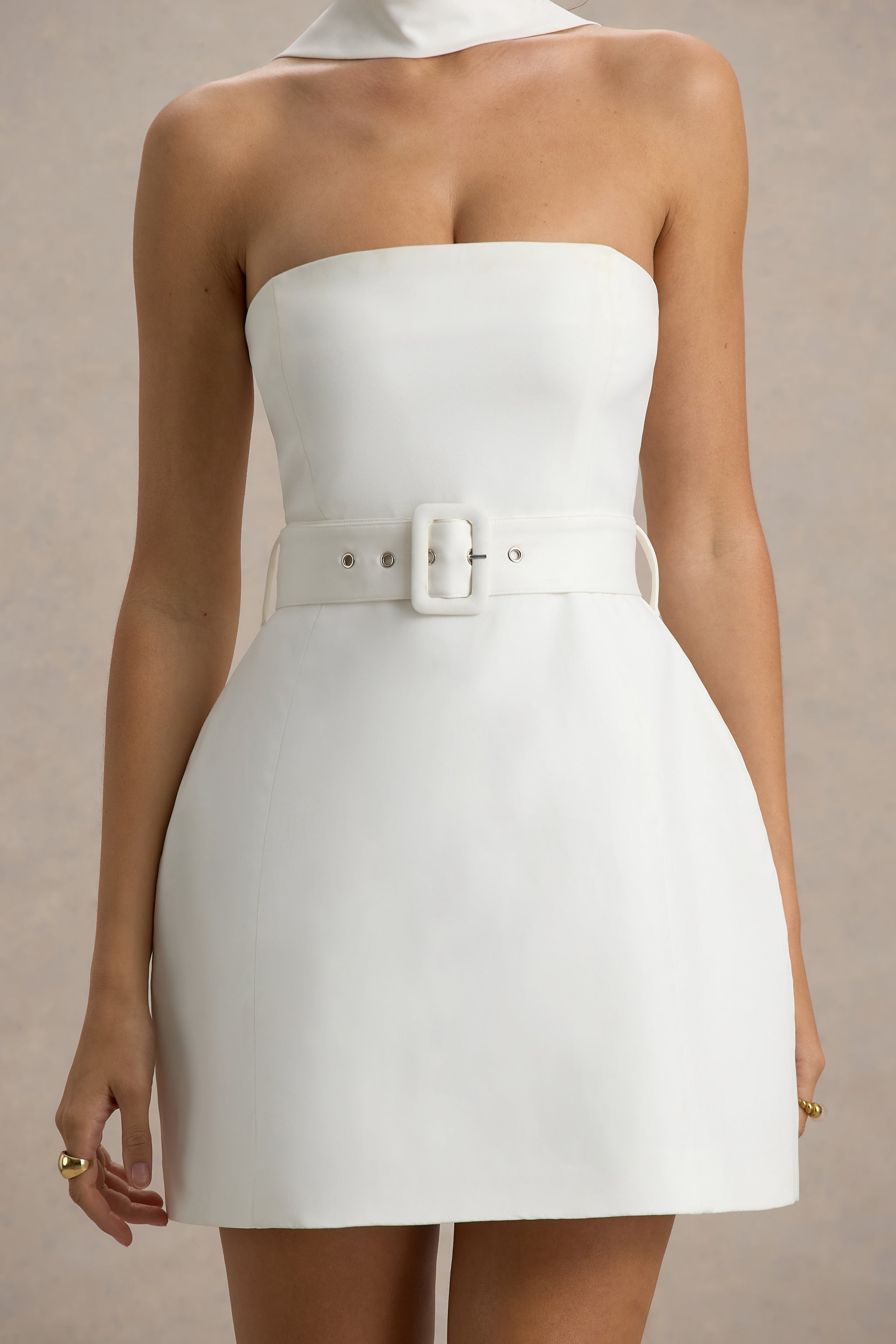 Timberly | White High-Neck Tailored Micro-Mini Dress