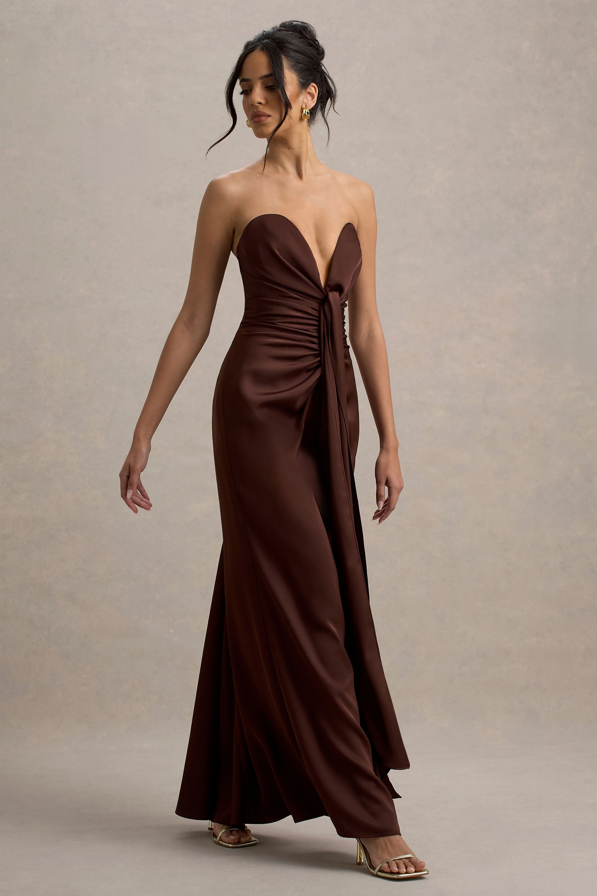 Mackenzie | Brown Satin Plunge-Neck Draped Maxi Dress