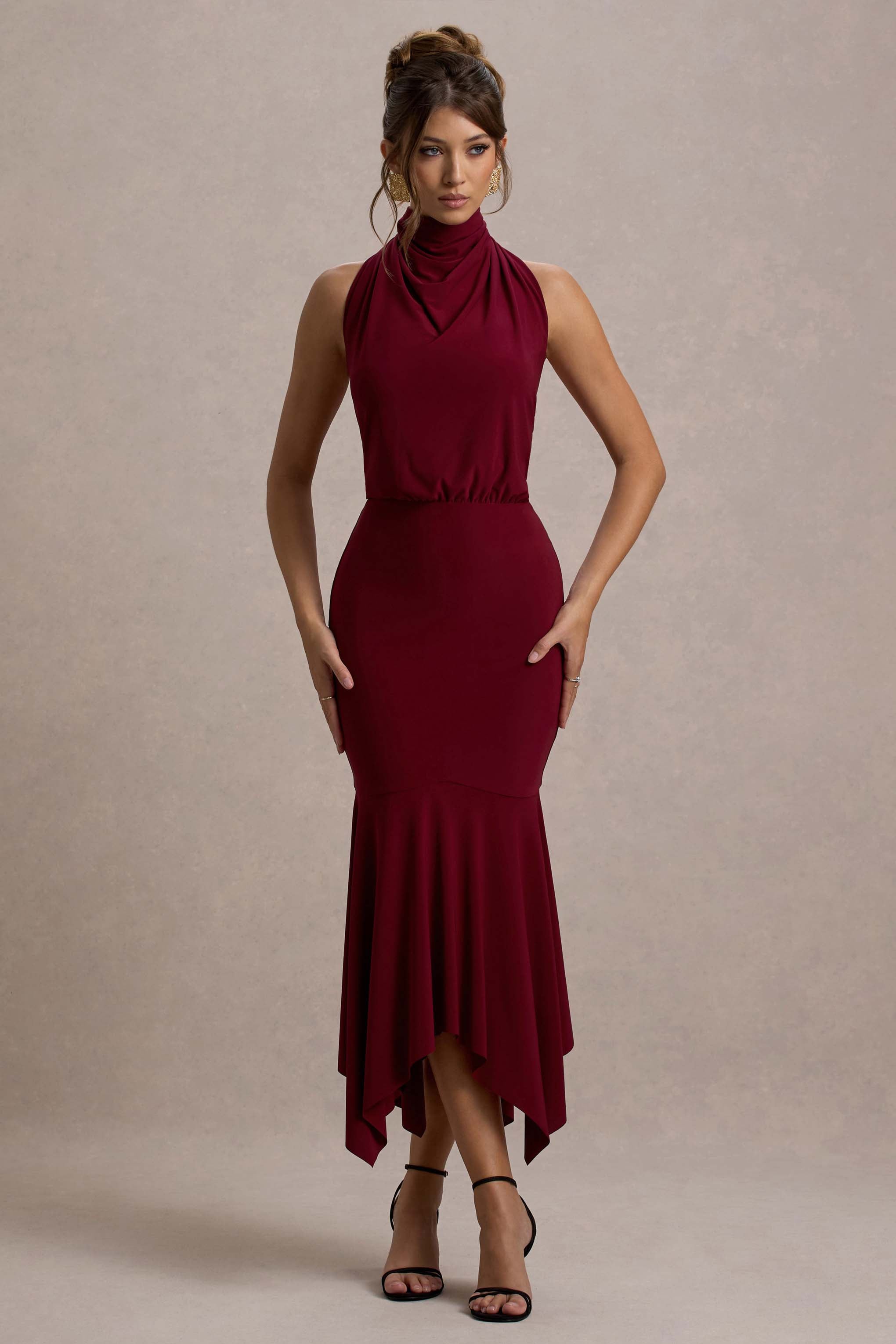 Prianyka | Berry High-Neck Draped Midi Dress