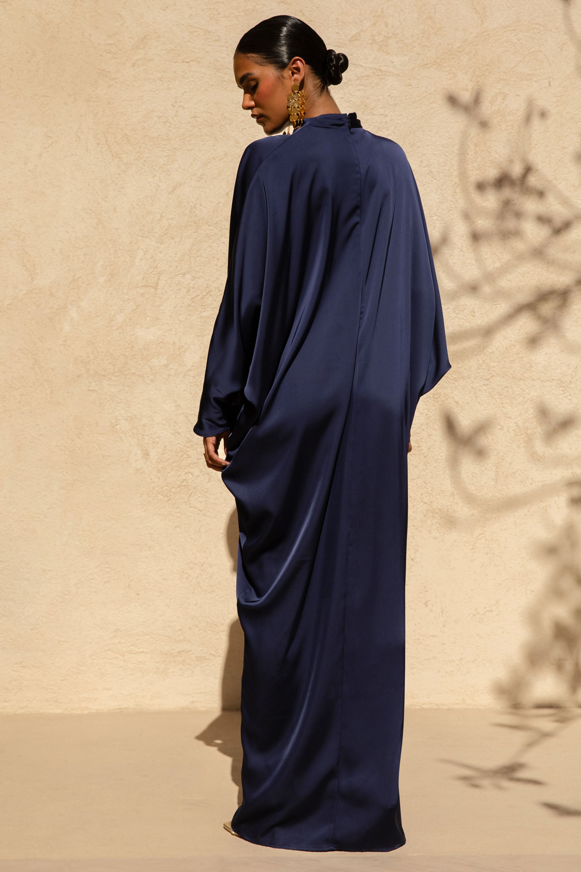 Tina | Navy Satin Plunge-Neck Embellished Maxi Dress