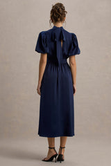 Persea | Navy Satin Puff-Sleeve Midi Dress With Bow