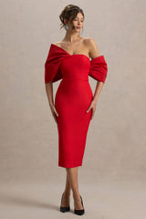 Lucille | Red Asymmetric Bardot Midi Dress
