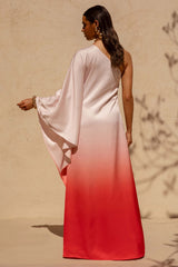 Jayla | Red Ombre Satin Asymmetric Maxi Dress With Long-Sleeve