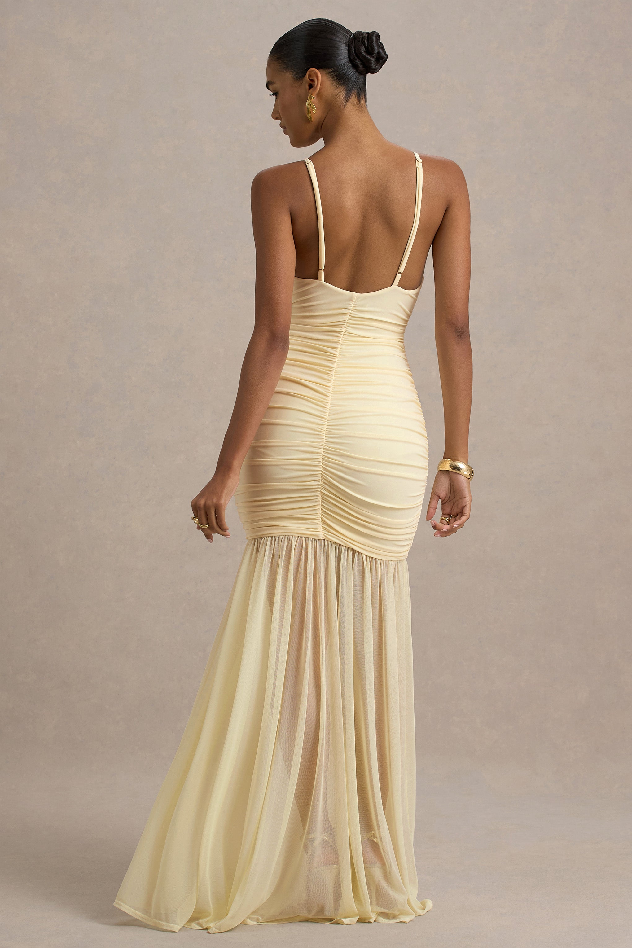 Pasqualina | Pale Lemon Ruched Plunge-Neck Maxi Dress