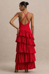 Bogota | Red Plunge-Neck Maxi Dress With Ruffling Details And Front High Split