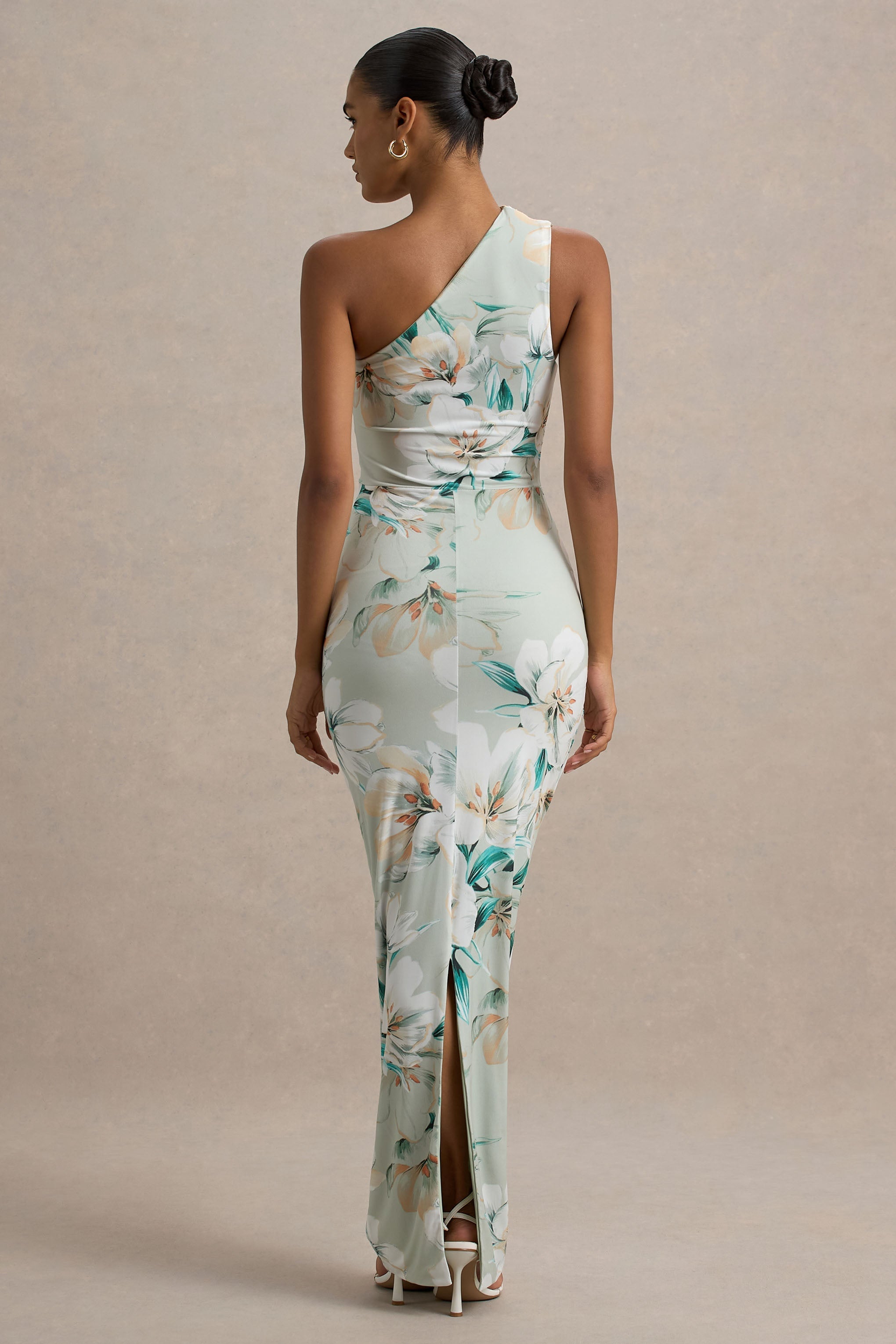 Dalarie | Green Floral Print One-Shoulder Gathered Maxi Dress