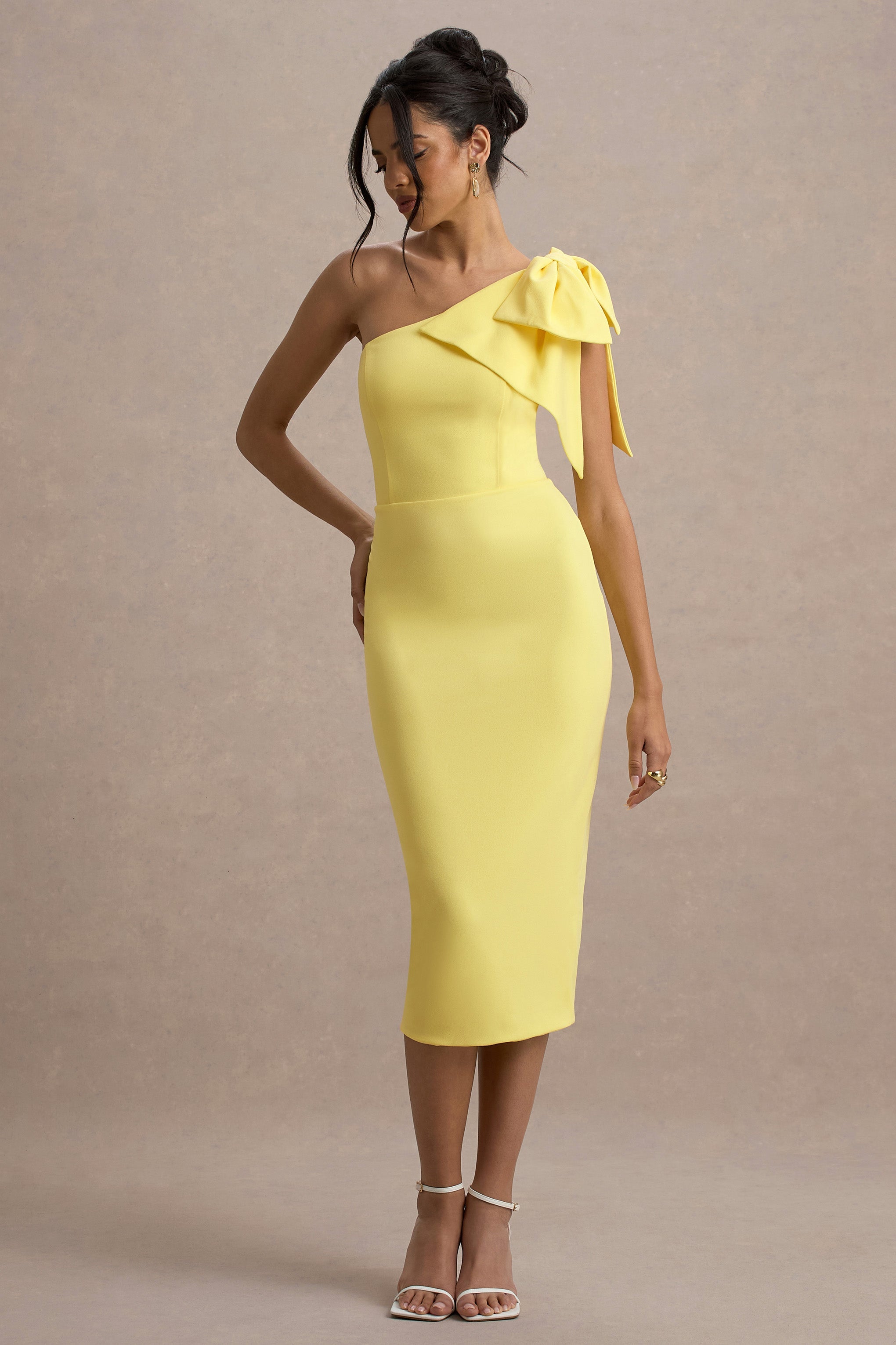 Ambretta | Lemon One-Shoulder Midi Dress With Bow