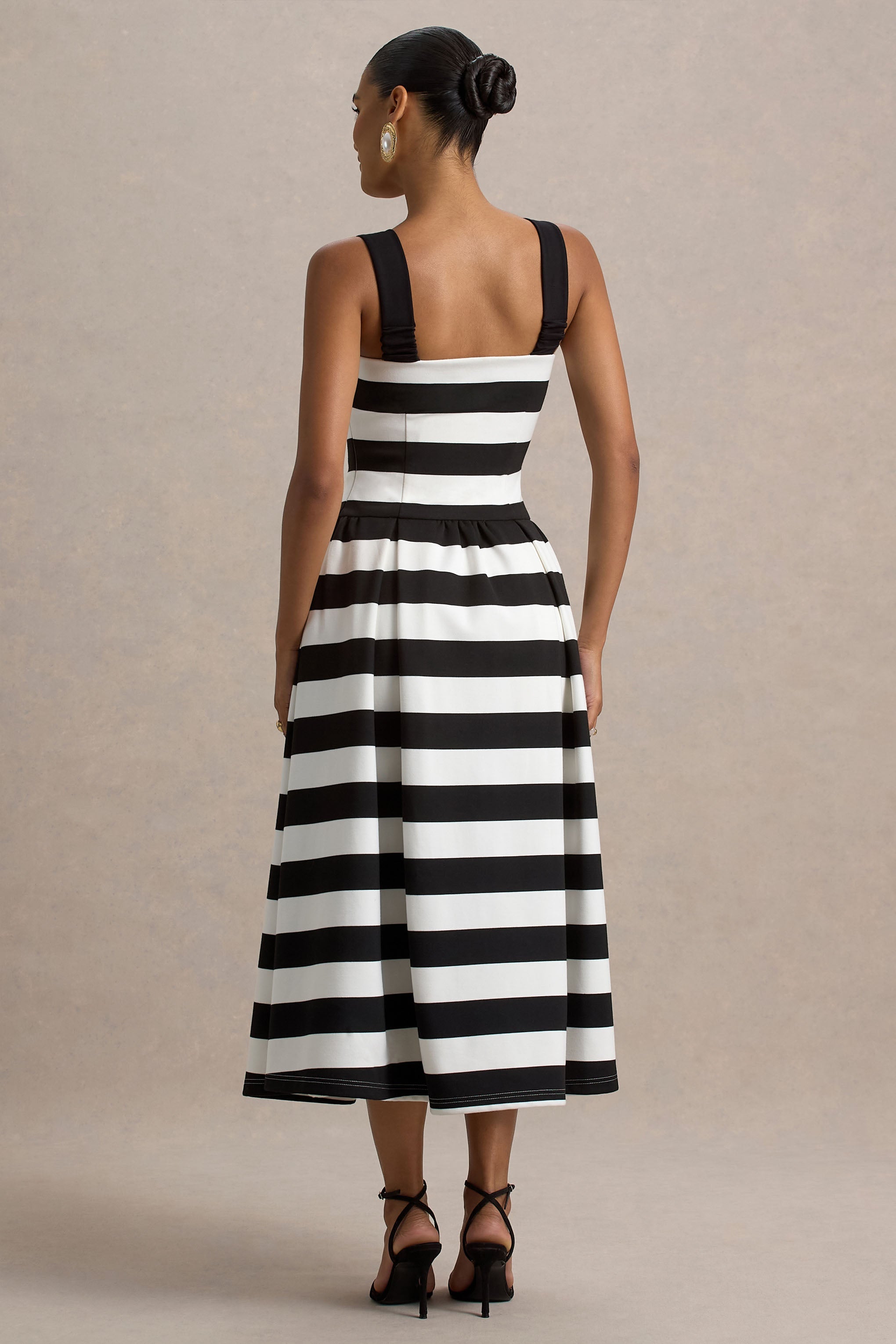 Monte Carlo | Black & White Striped Square-Neck Drop-Waist Midi Dress