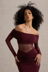 Ismeralda | Burgundy Mesh Ruched Bardot Maxi Dress