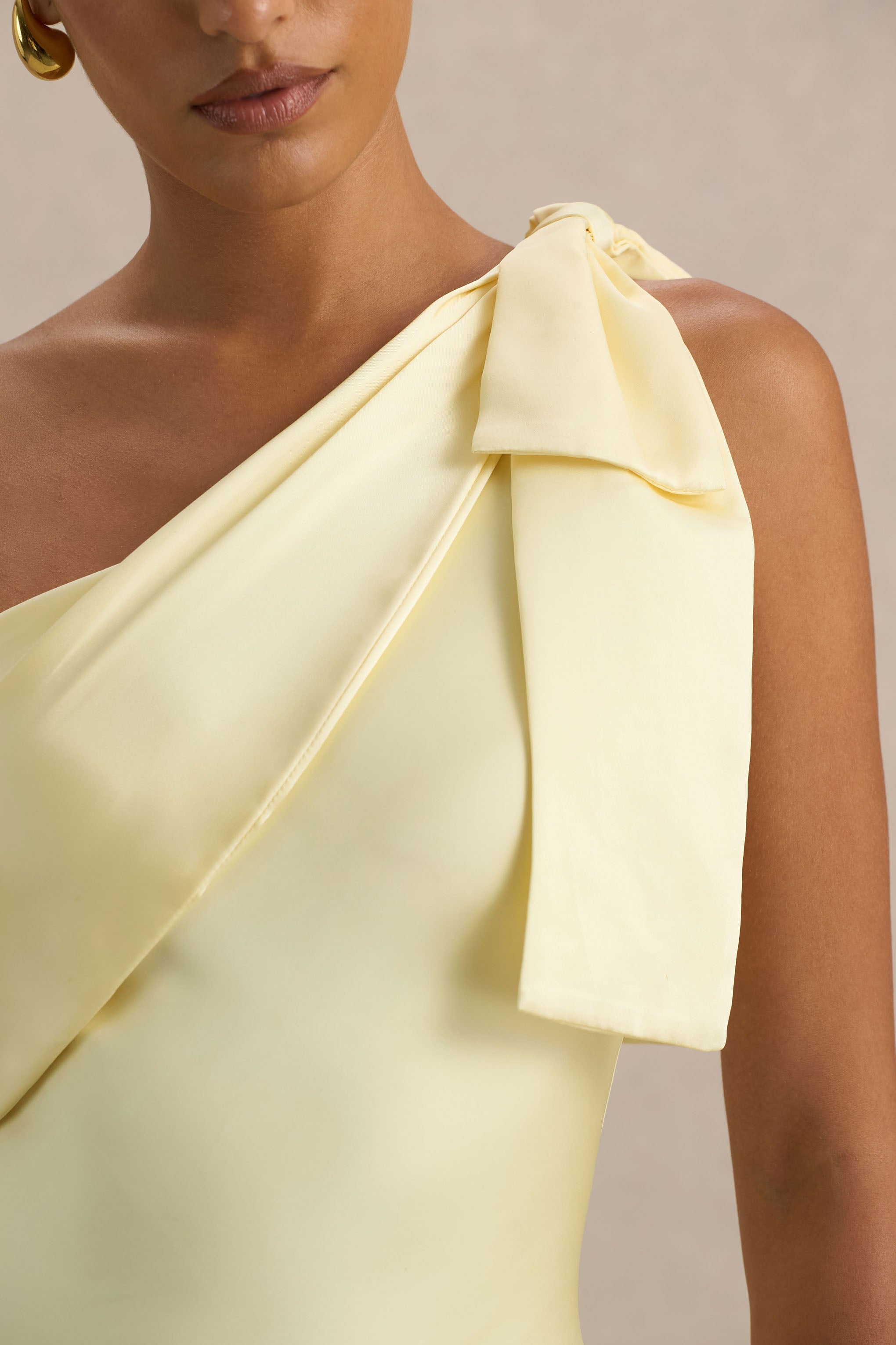 Valerie | Lemon Satin Asymmetric-Neck Maxi Dress With Bow Detail