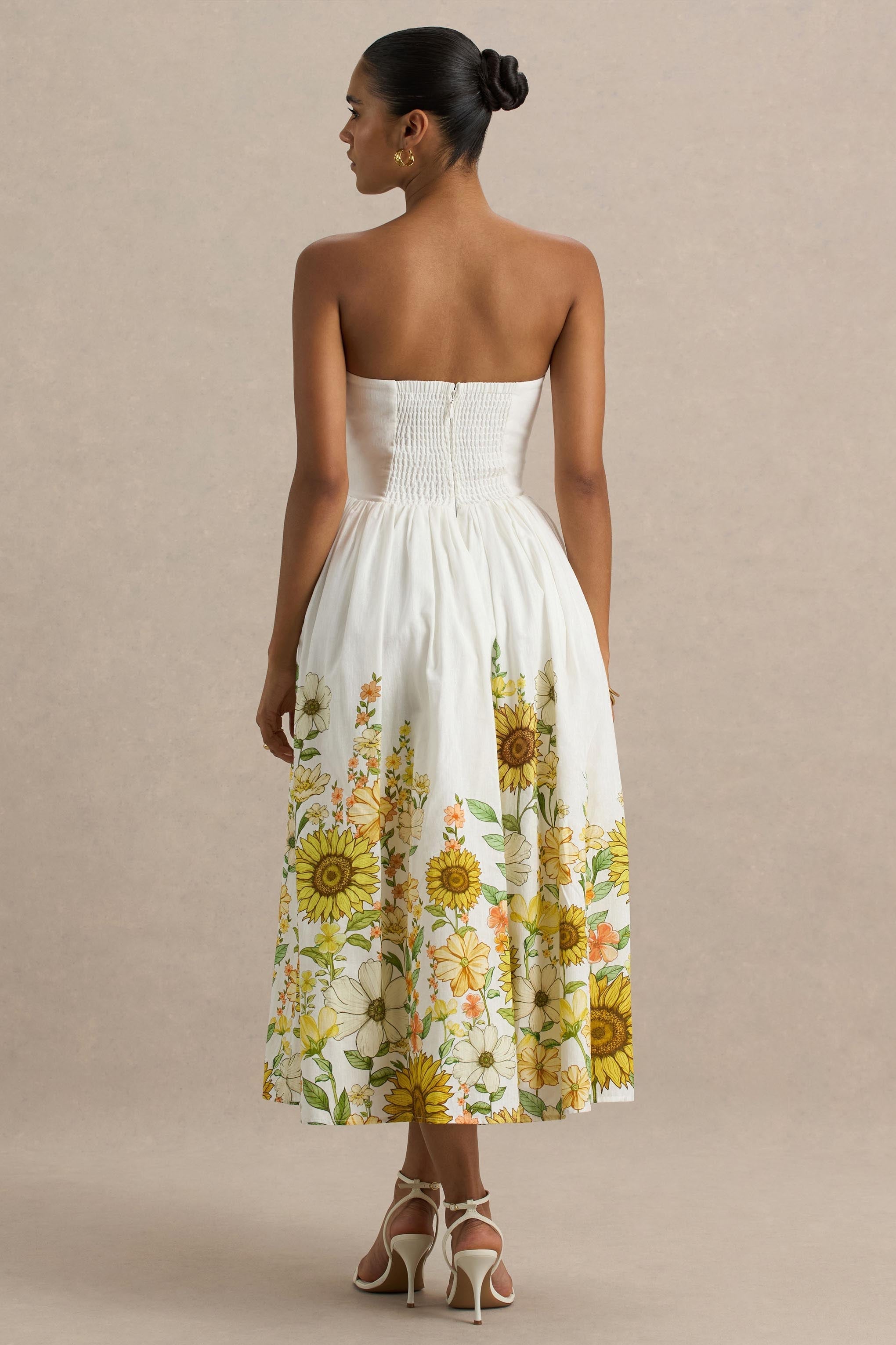 Ivory | Sunflower Print Bandeau High-Low Midi Dress