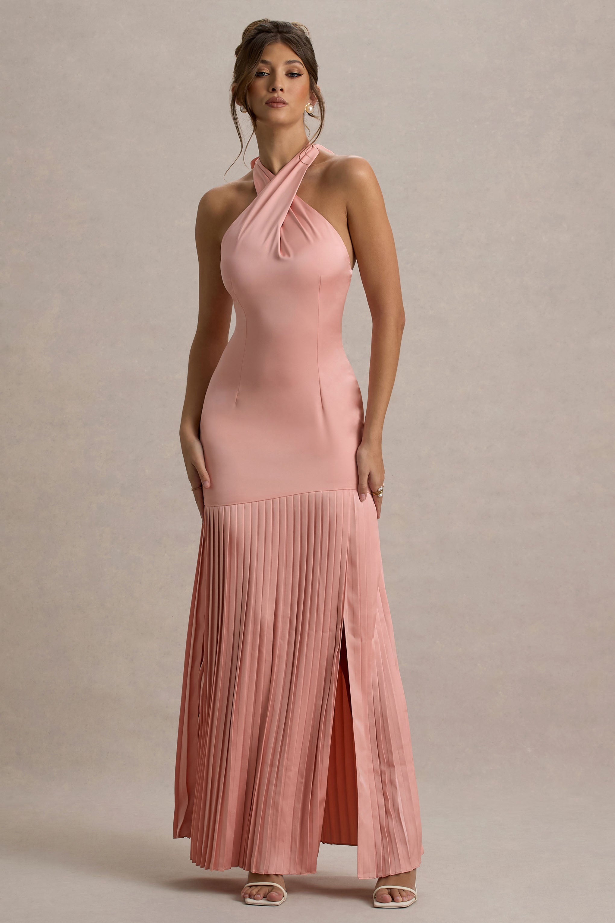 Sansa | Light Pink Satin Cross Halter-Neck Plisse Maxi Dress