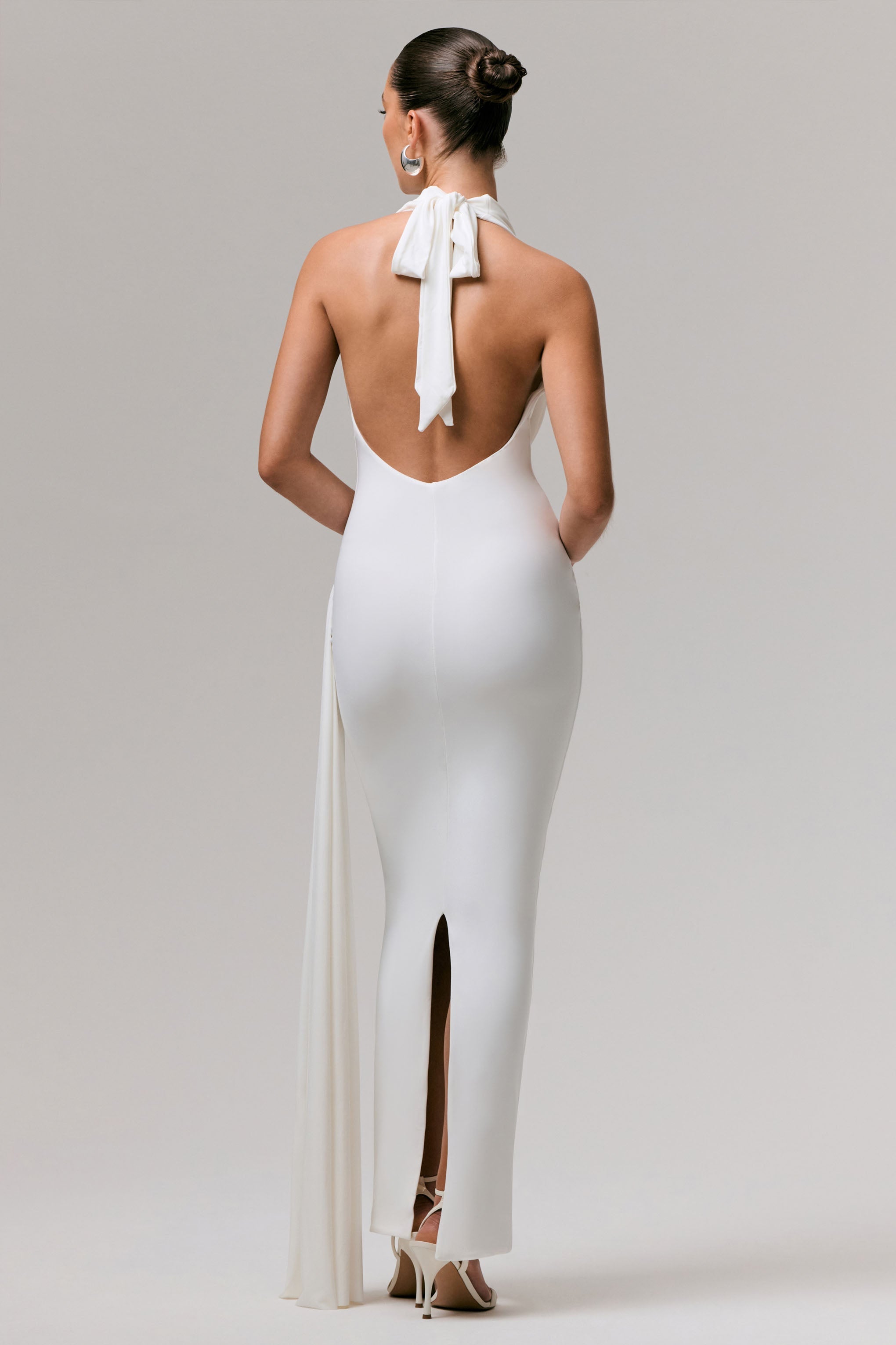 Maude | White Plunge-Neck Ruched Maxi Dress With Sash