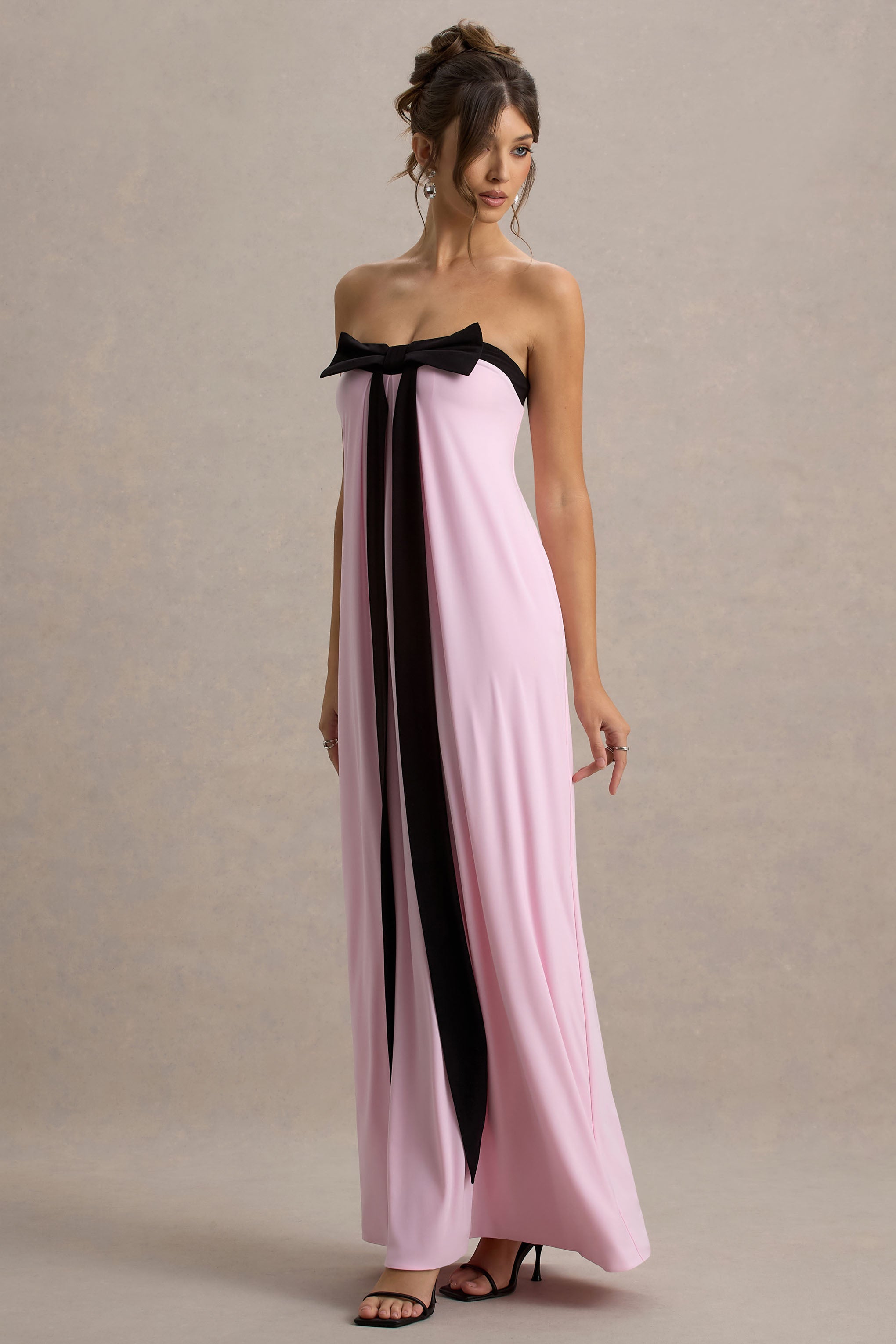 Mckenna | Pink Strapless Maxi Dress With Black Bow