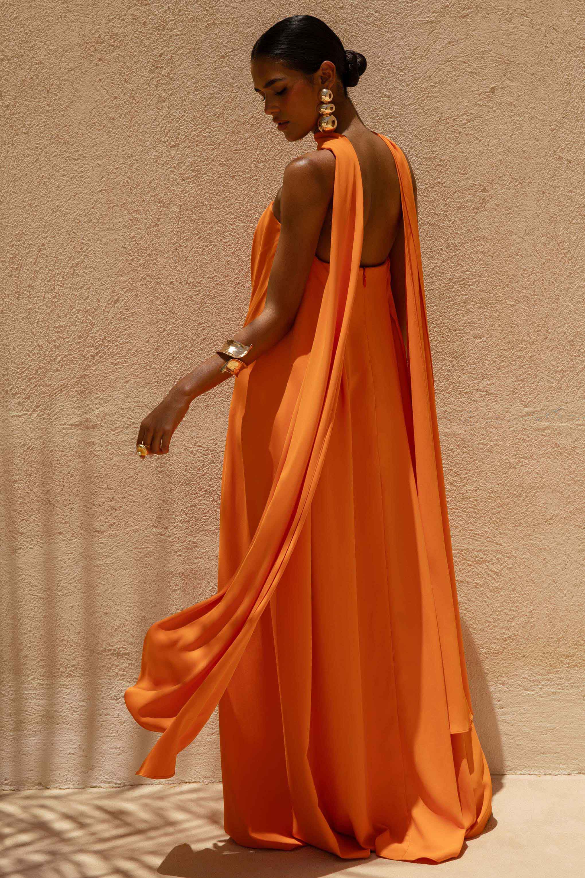Cerise | Orange High-Neck Maxi Dress With Open-Back