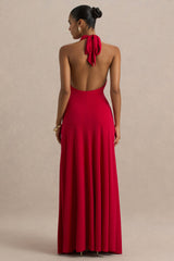 Mist | Red Plunge-Neck Maxi Dress With Sash Detail And Front High Split