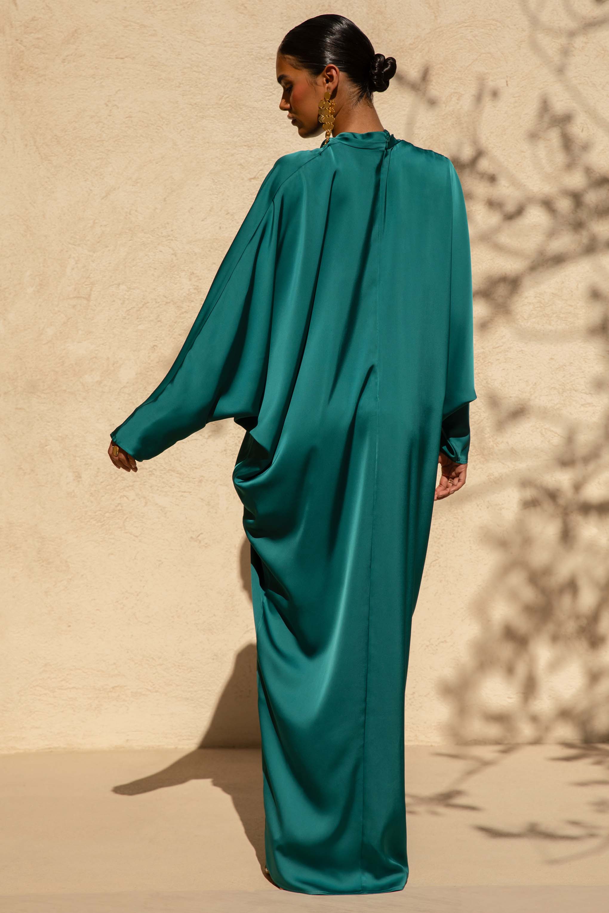 Tina | Dark Green Satin Plunge-Neck Embellished Maxi Dress