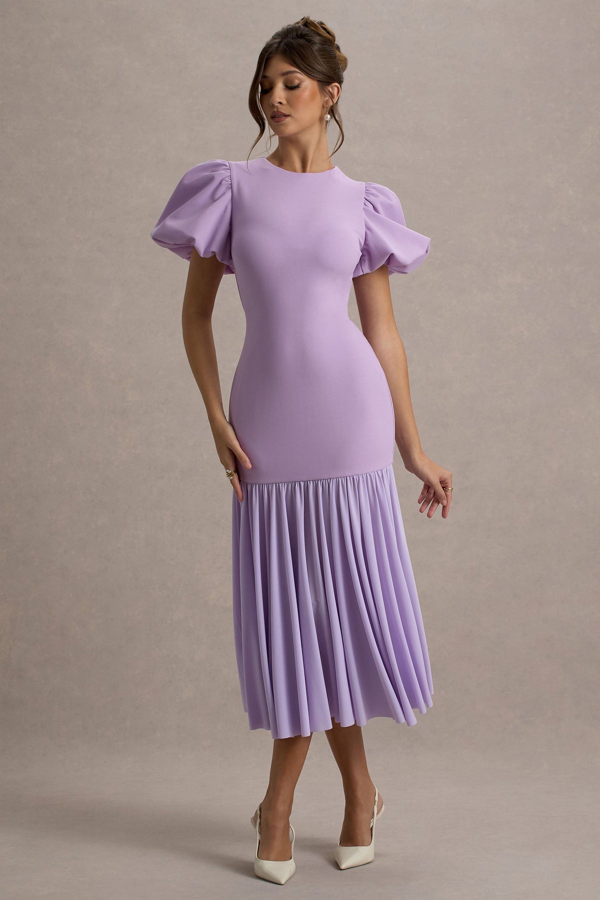 Cinzia | Lilac Puff-Sleeve Volume-Hem Midi Dress