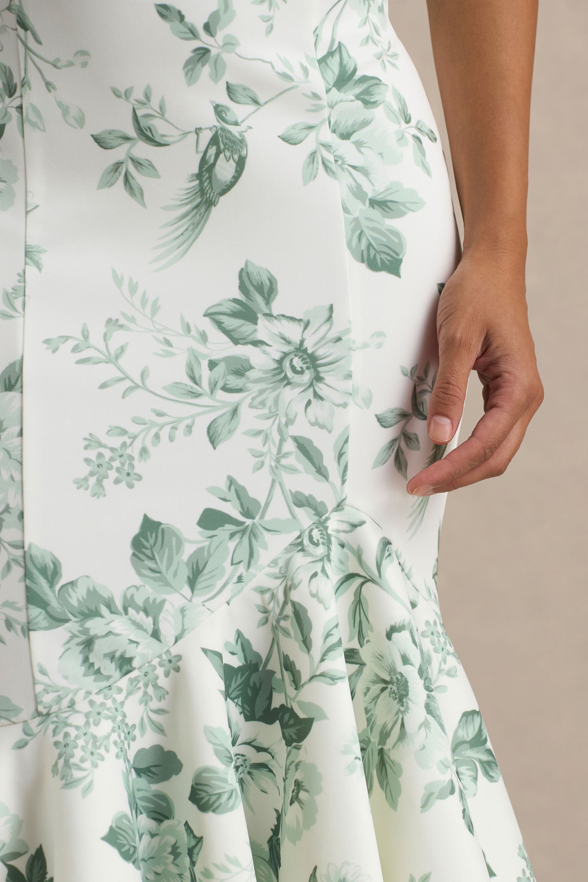 Priceless | Green Porcelain Print Print High-Neck Fishtail Midi Dress