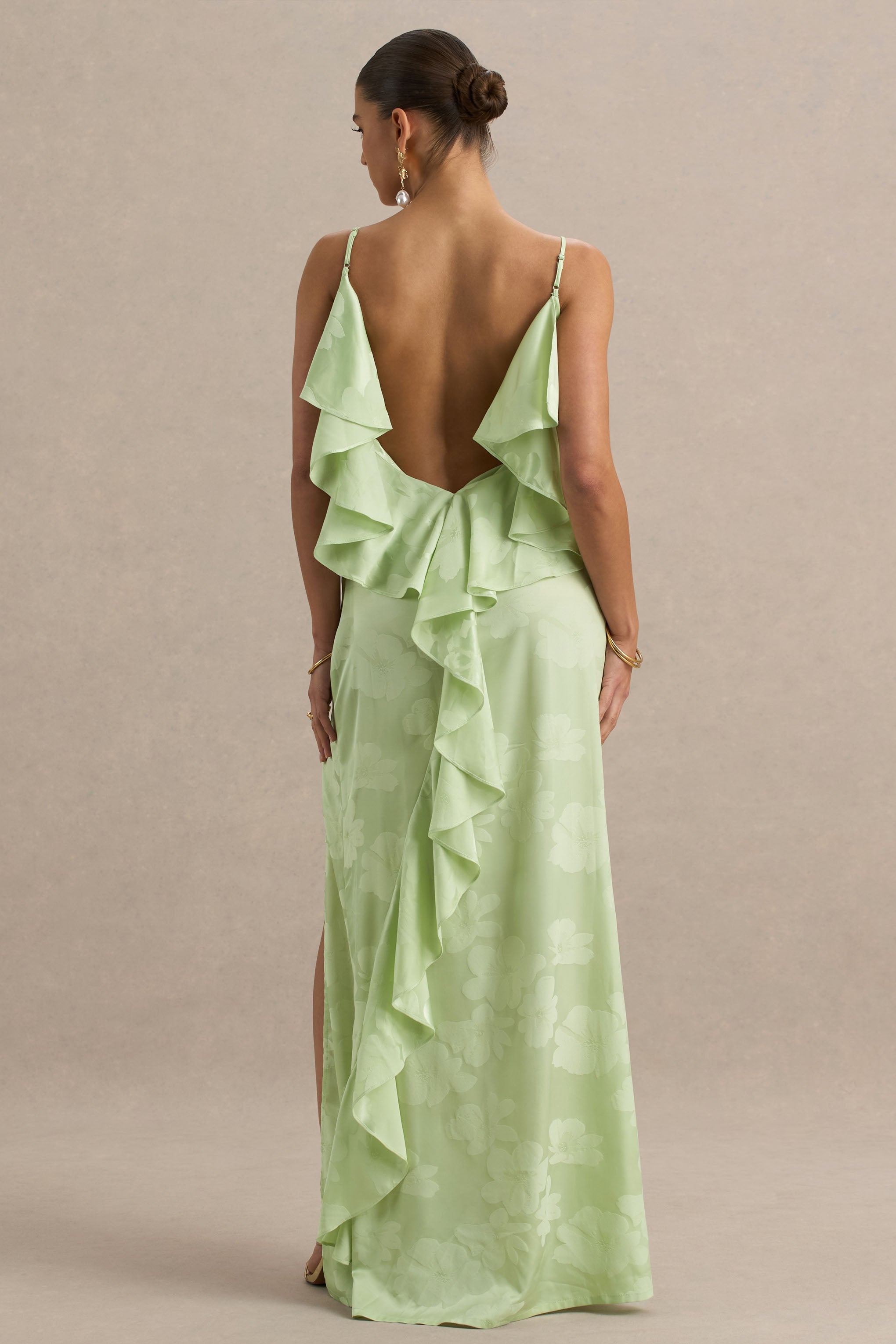 Maddie | Light Green Floral Print Satin Cowl-Neck Maxi Dress