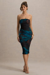 My Girl | Blue Print Strapless Bodycon Ruched Mesh Midi Dress