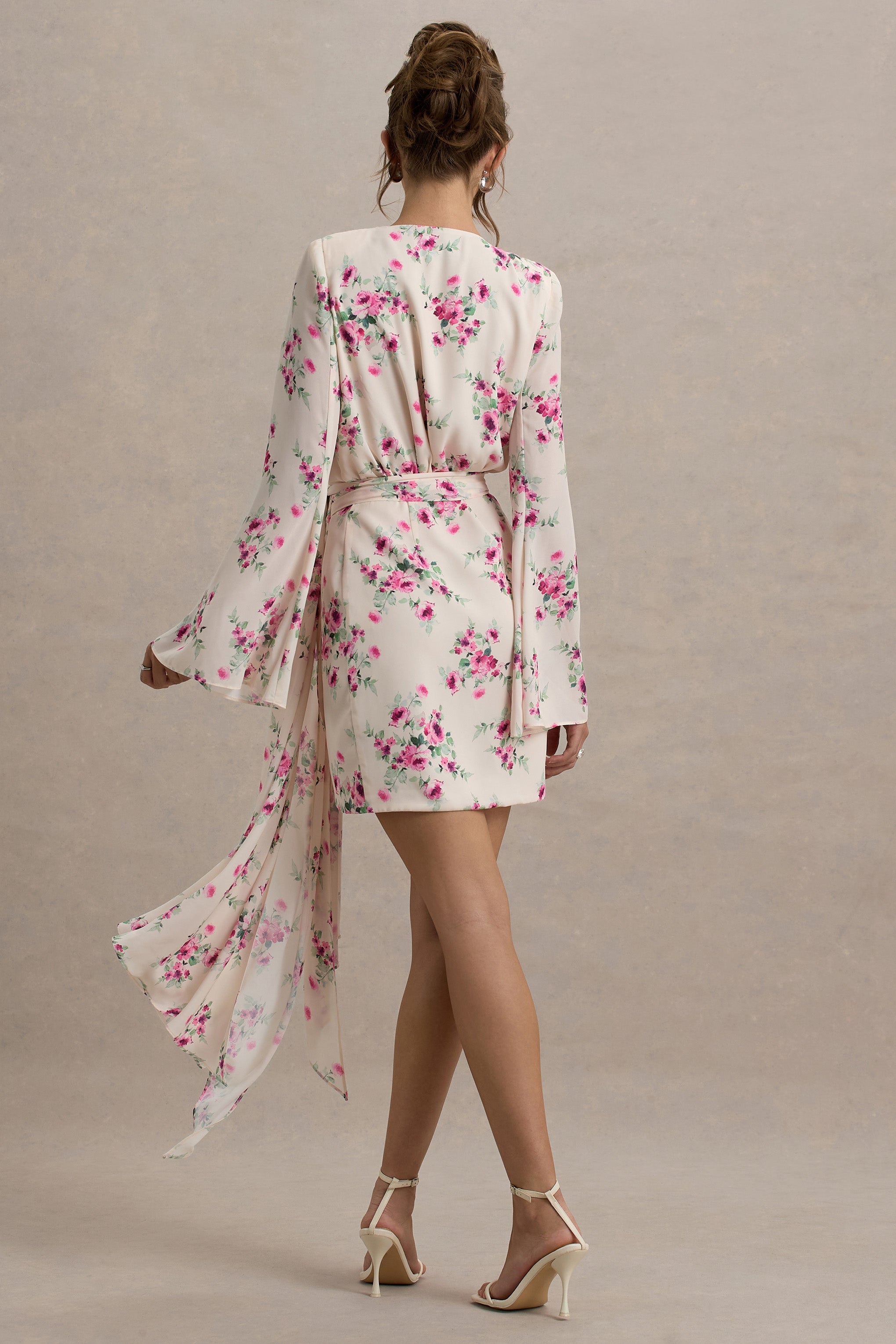 Goldie | Cream Floral Print Chiffon Long-Sleeve Wrap Mini Dress