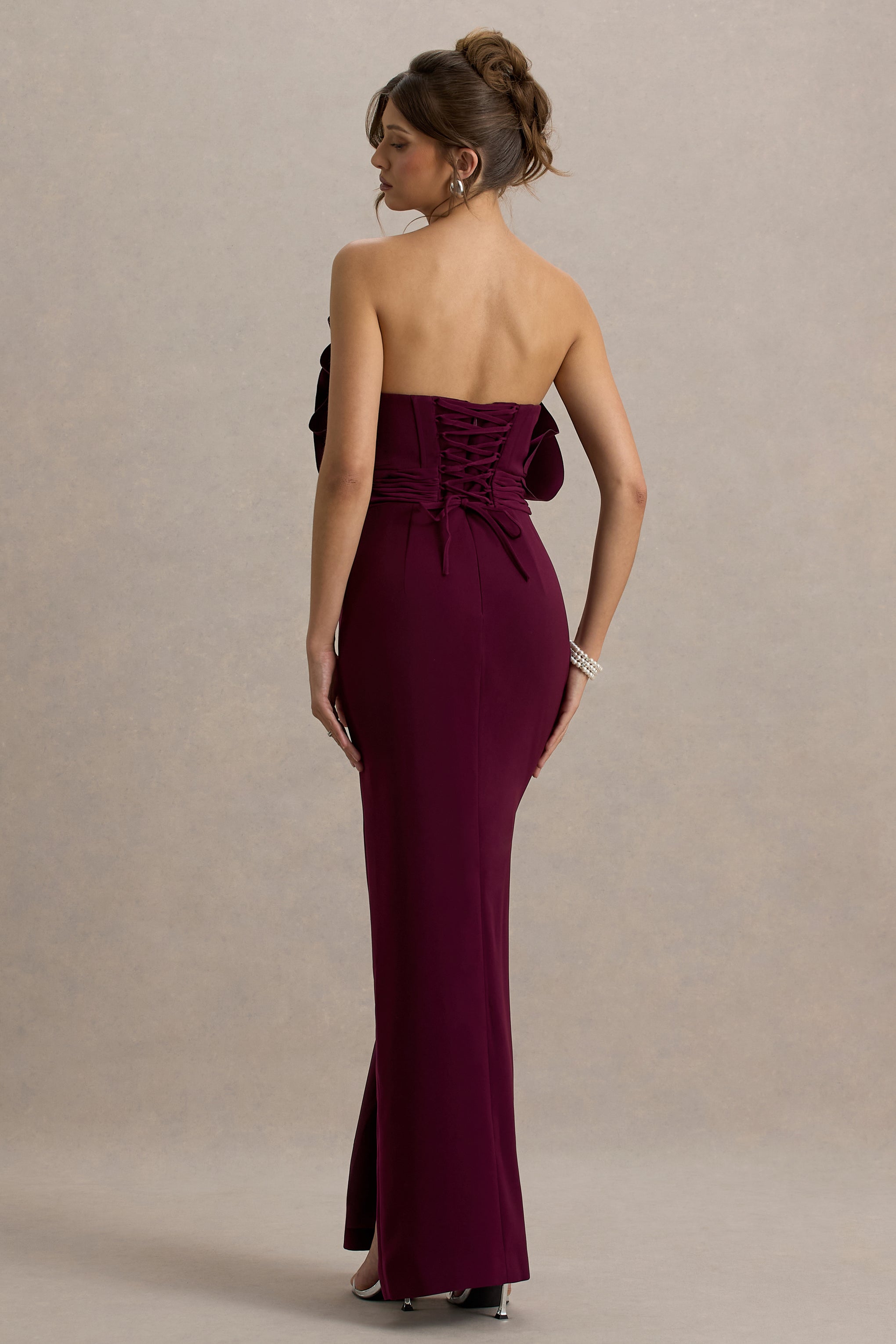 Set The Bar | Plum Ruffled Strapless Split Maxi Dress