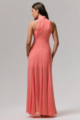 Just Like Magic | Coral High-Neck Maxi Dress With Lace Detailing