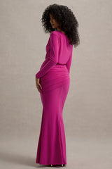 Deanna | Hot Pink Asymmetric Long-Sleeve Ruched Maxi Dress