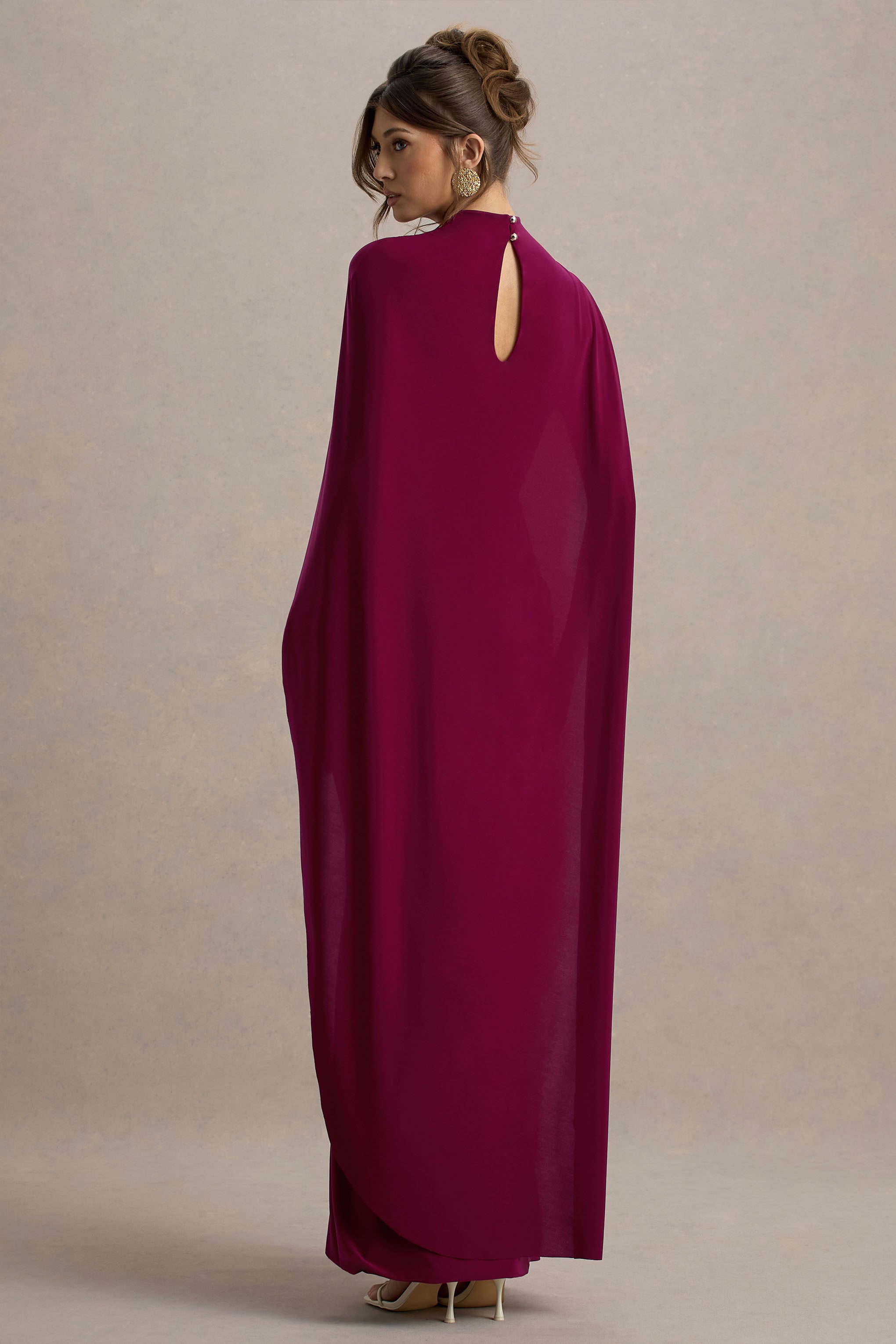 Maeve | Burgundy Cape-Sleeve Draped Maxi Dress