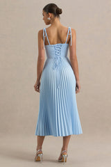 Peyton | Powder Blue Satin Sweetheart-Neck Midi Dress With Pleated Details