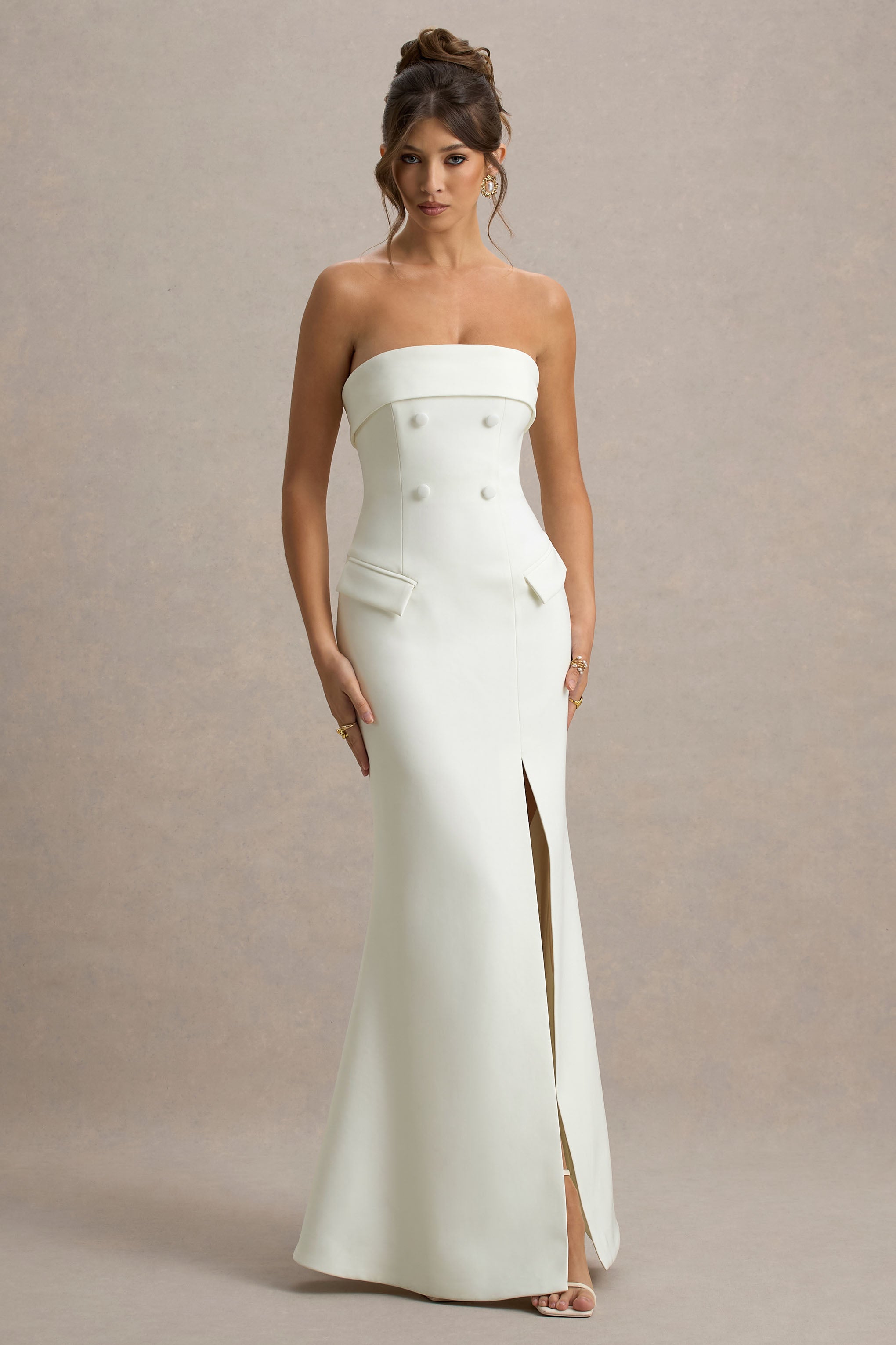 Lucia | Cream Bandeau Tailored Maxi Dress With Split
