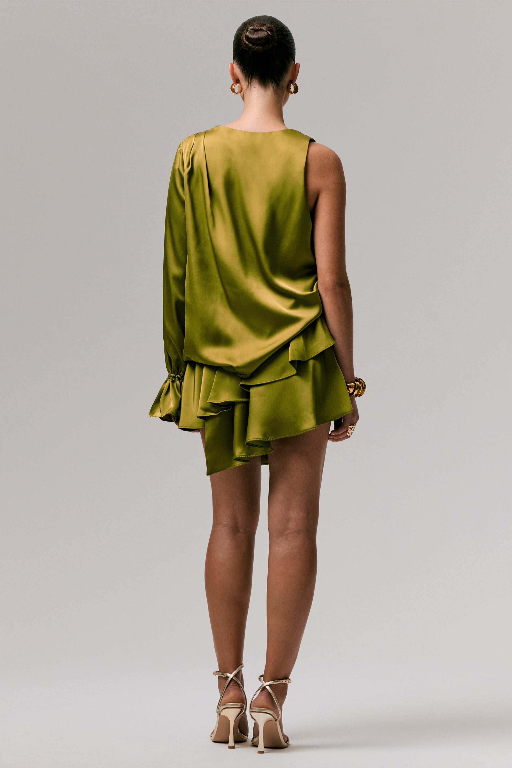Cara | Olive Satin Plunge-Neck Micro-Mini Dress With Long Sleeve
