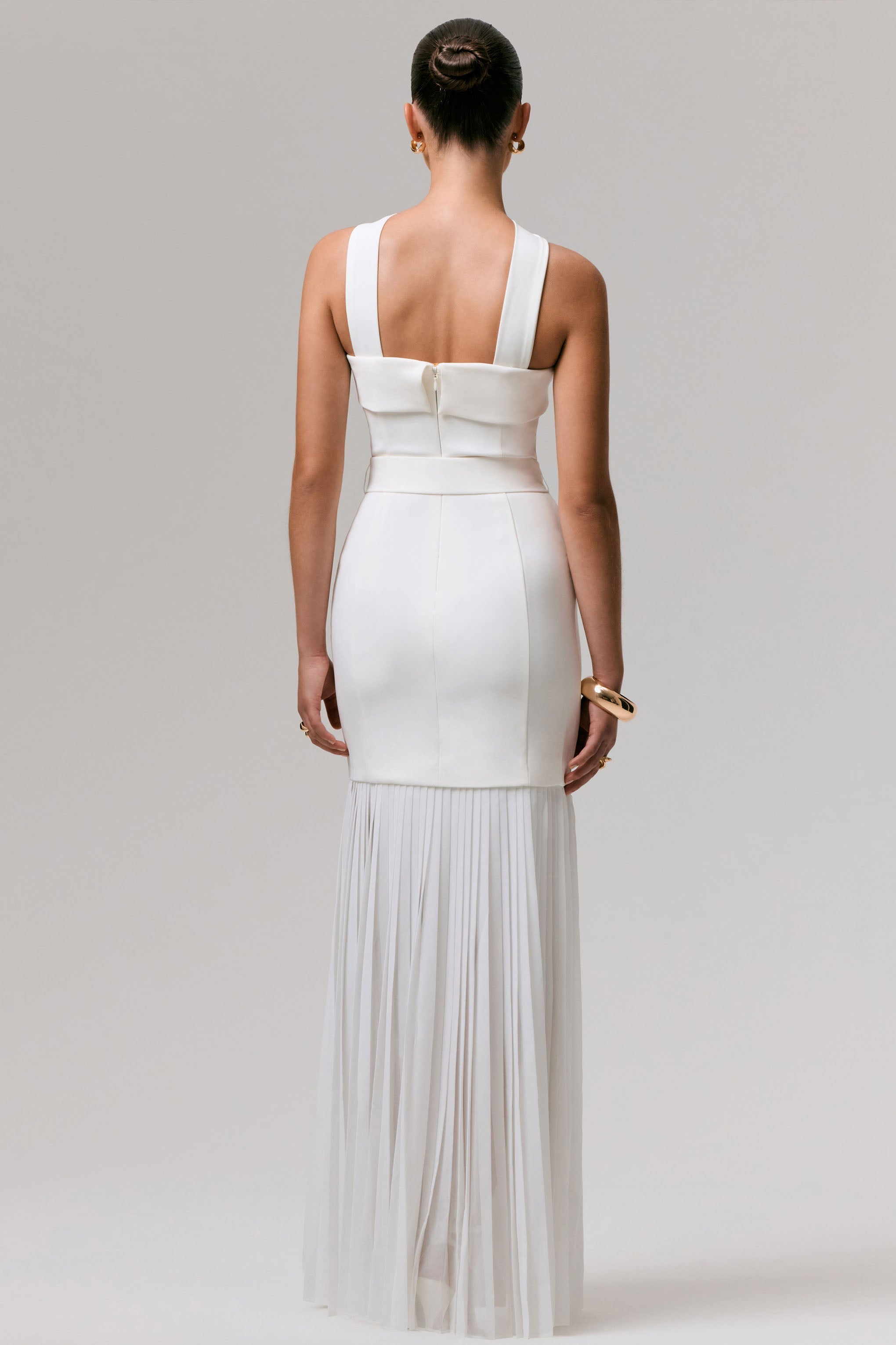 Jaquetta | White Belted Maxi Dress With Pleated Chiffon Skirt