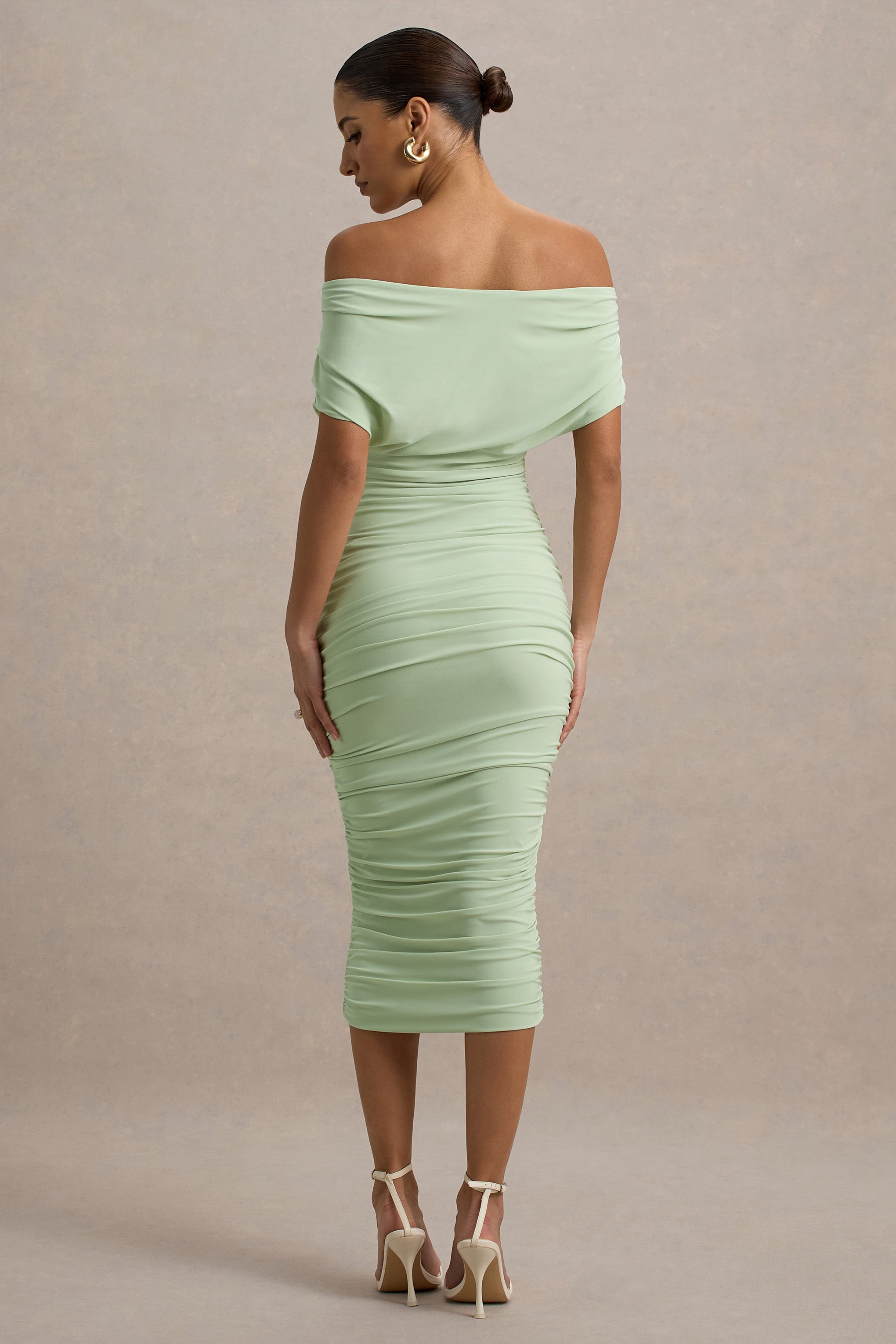 Rayleigh | Light Green Bardot Ruched Midi Dress